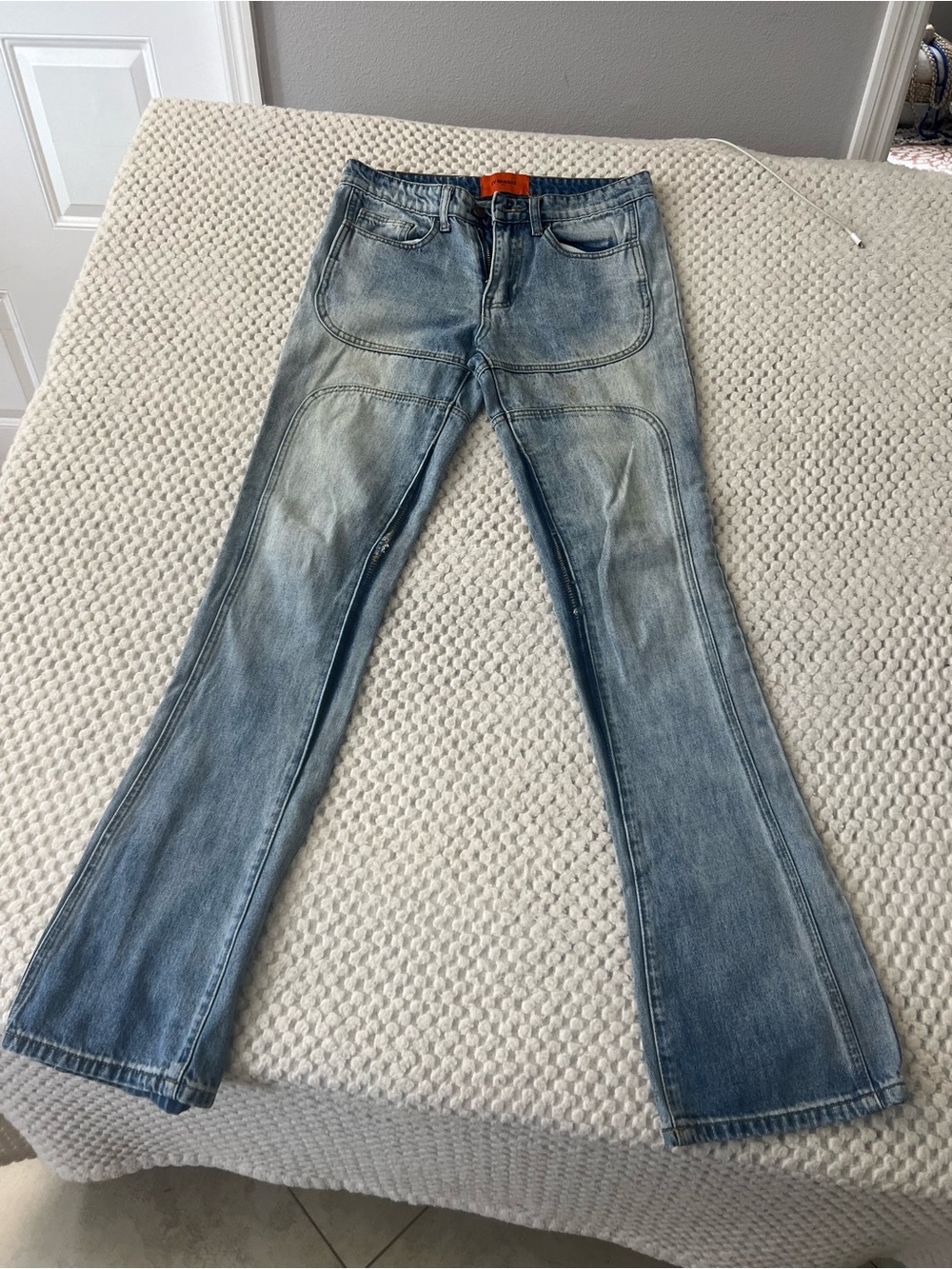 EV Bravado MRDR BRVDO Men Light Wash Blue Slim Mid Rise Bootcut Fringe Jeans